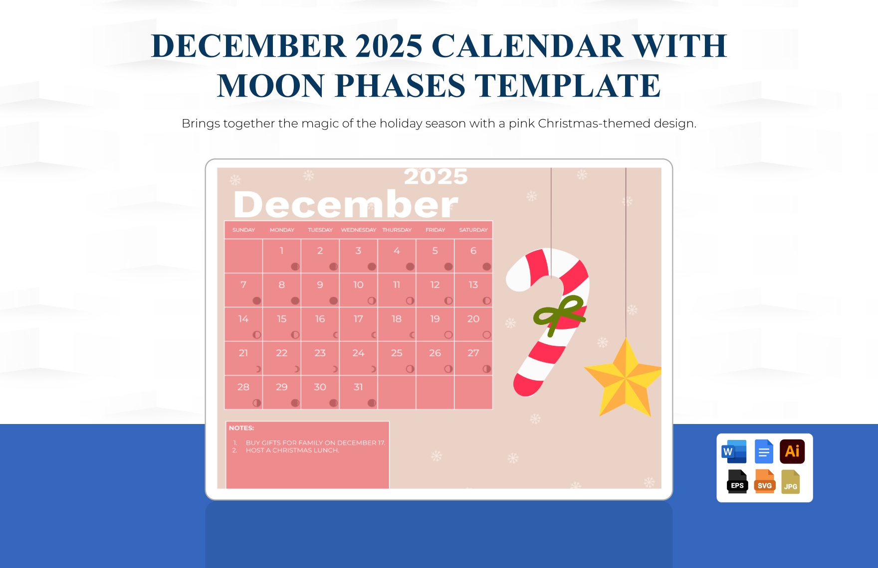December 2025 Calendar With Moon Phases In EPS Illustrator JPG SVG Word Google Docs To Download Template