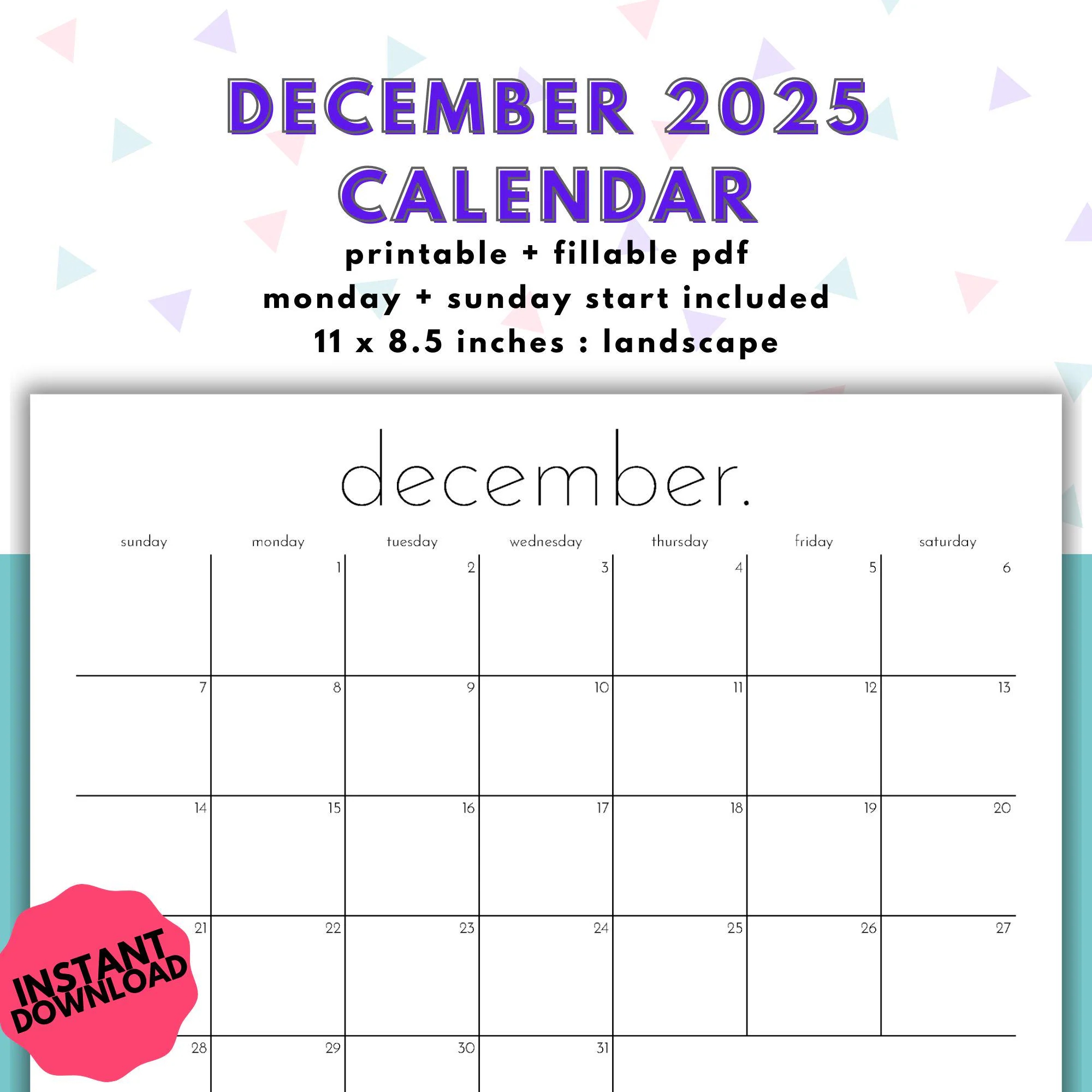 December 2025 Calendar Monday Start