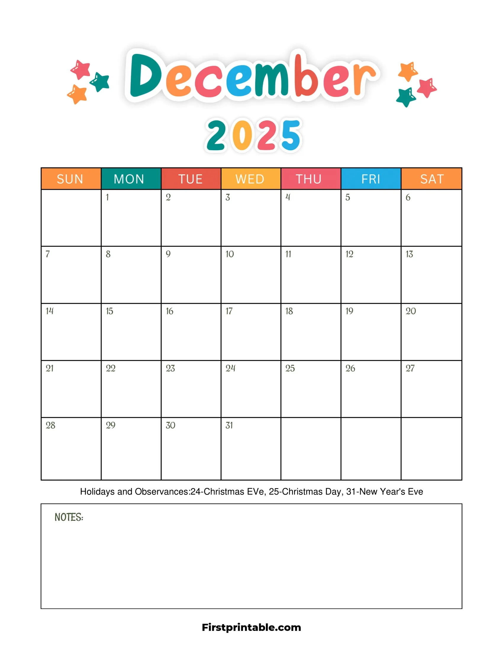 December 2025 Calendars Free Printable Fillable