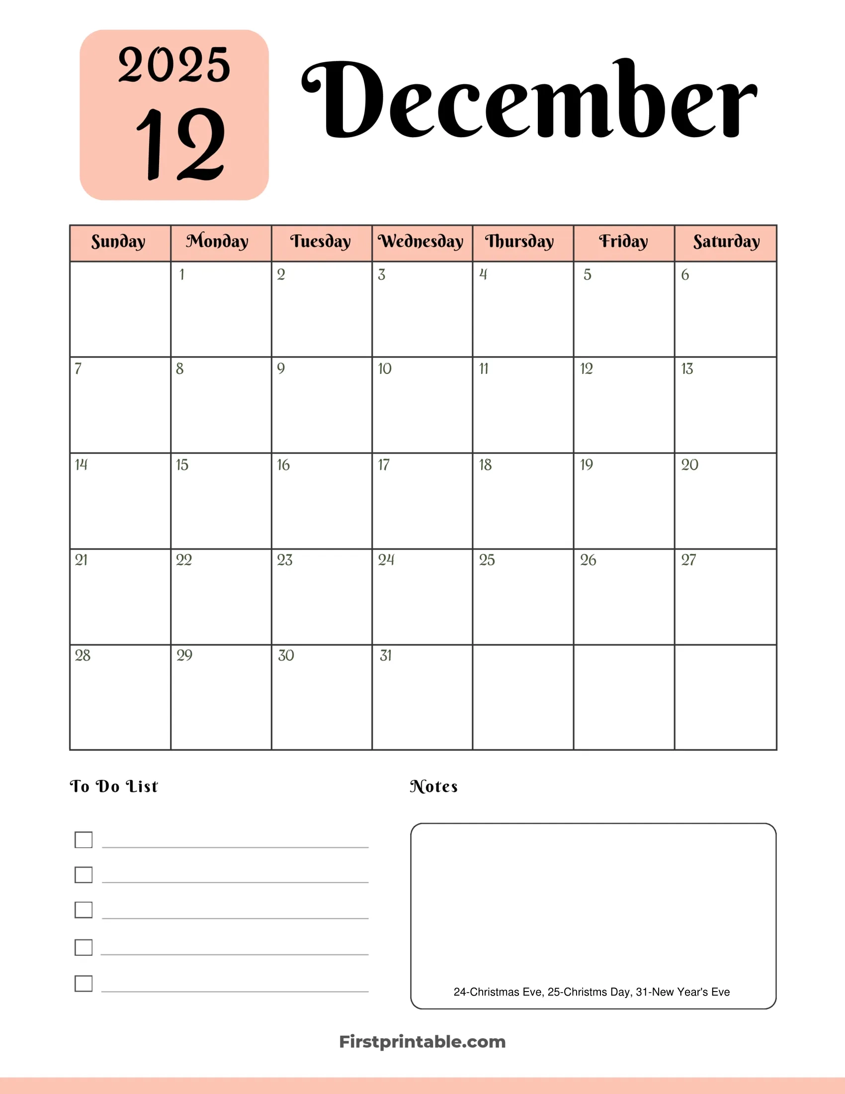 December 2025 Calendars Free Printable Fillable
