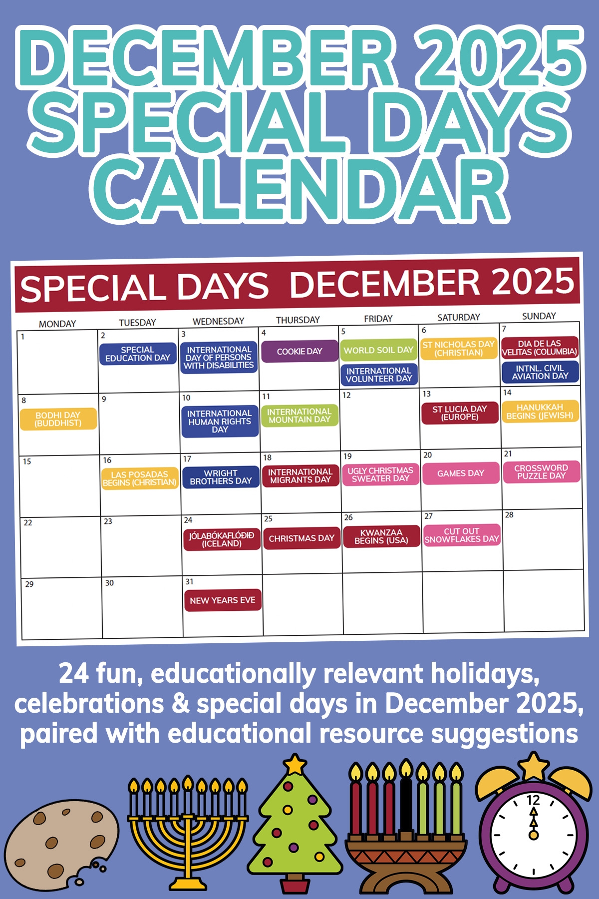 December 2025 Classroom Holidays Events Printable Calendar 