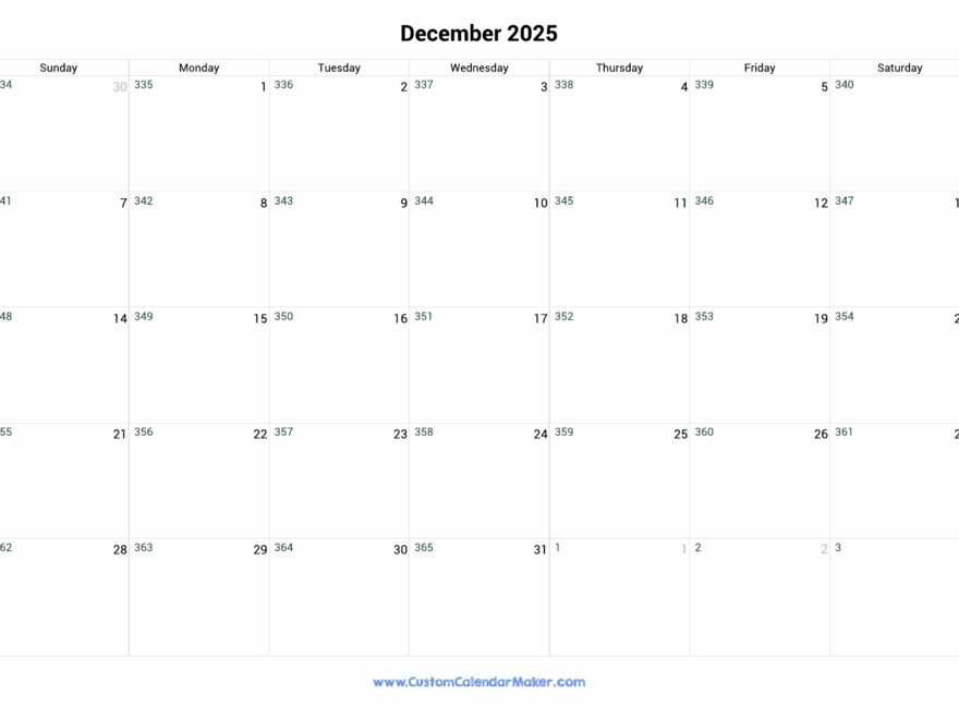 December 2025 Day Number Of The Year Calendar Custom Calendar Maker