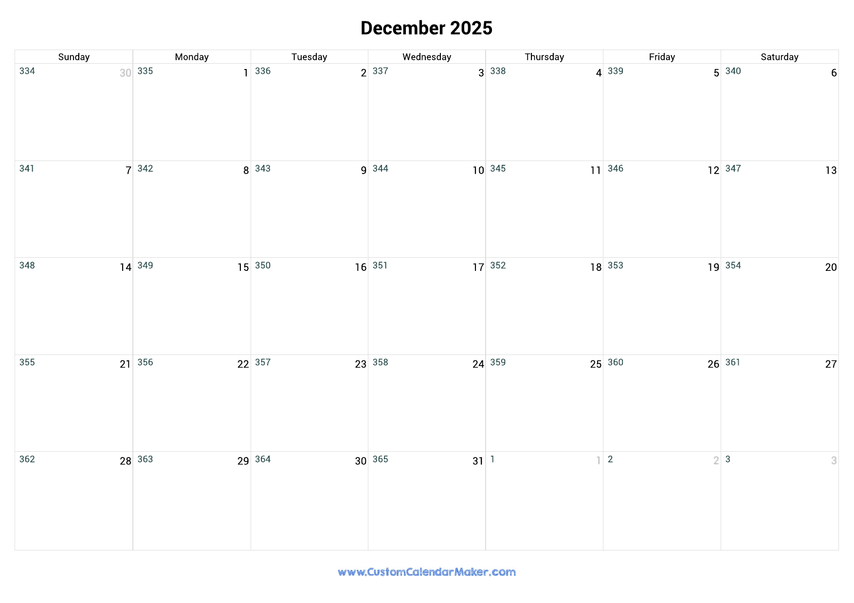 December 2025 Day Number Of The Year Calendar Custom Calendar Maker
