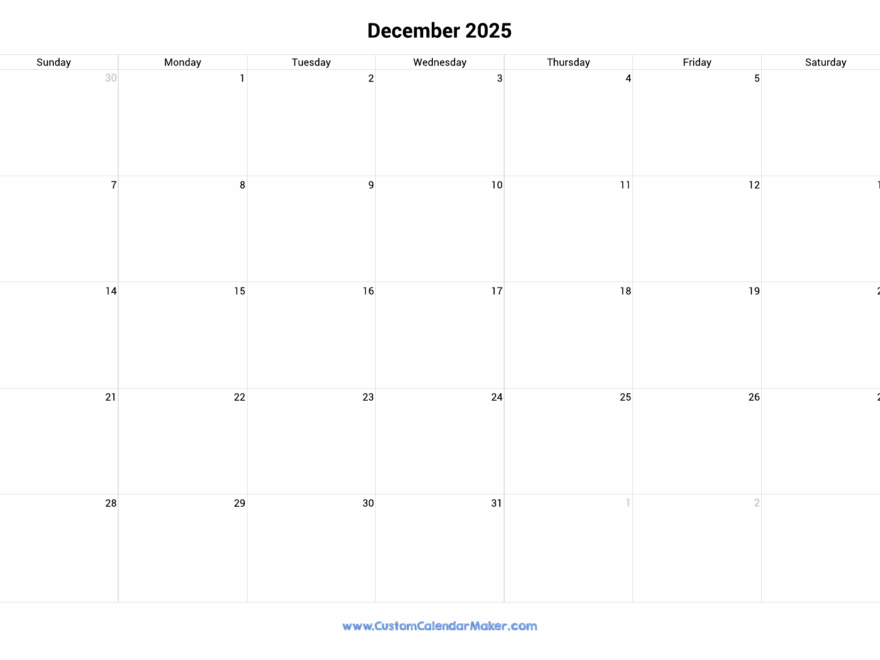 December 2025 Landscape Calendar With Large Boxes Custom Calendar Maker