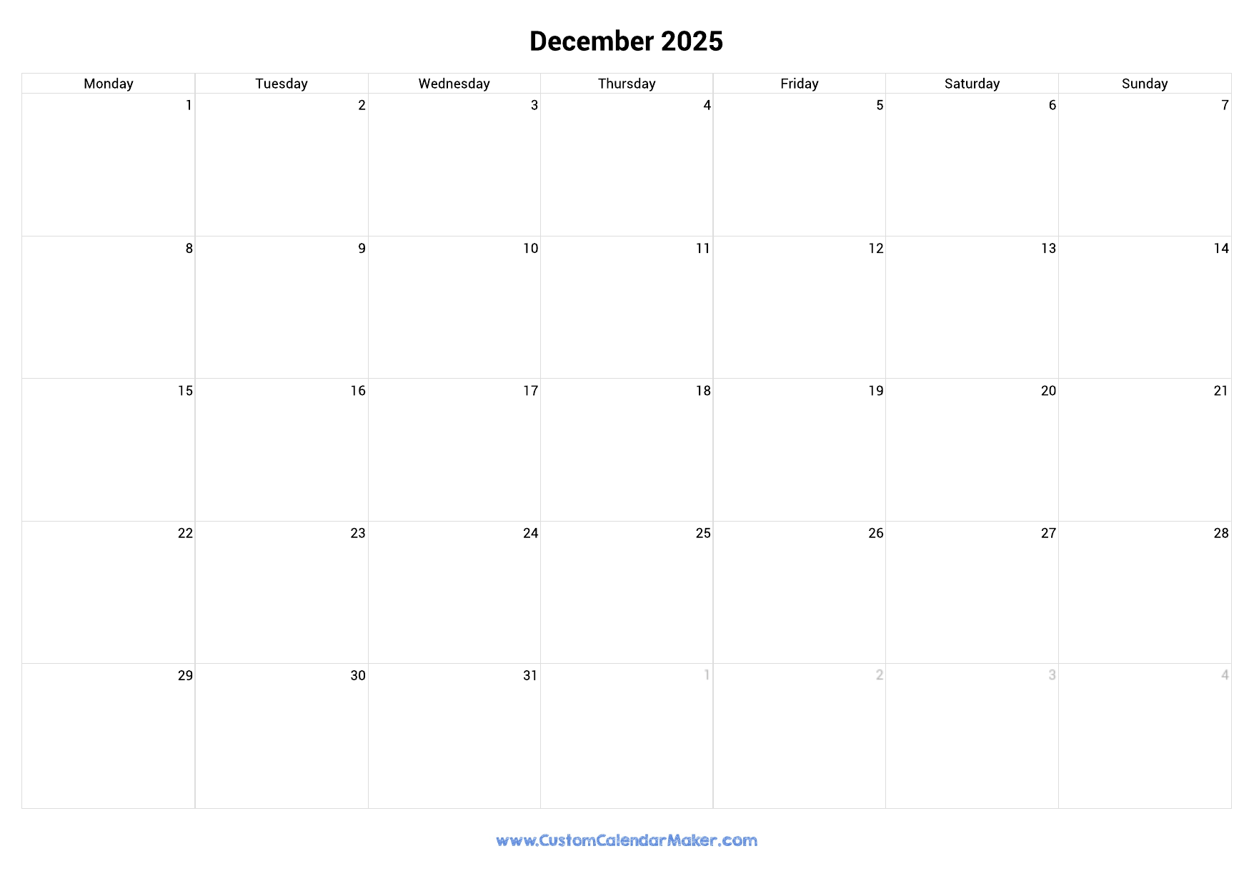 December 2025 Monday Start Calendar Monday To Sunday Custom Calendar Maker