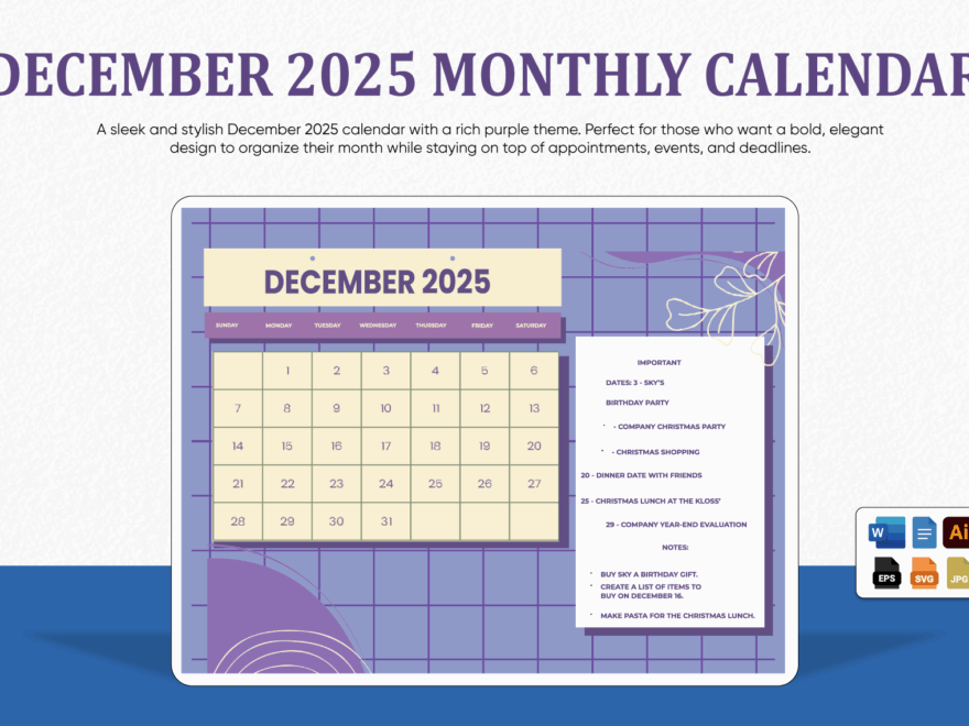 December 2025 Monthly Calendar In EPS Illustrator JPG Word SVG Google Docs To Download Template