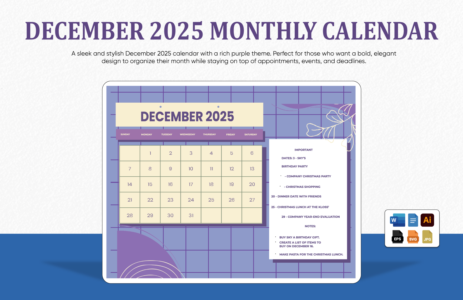 December 2025 Monthly Calendar In EPS Illustrator JPG Word SVG Google Docs To Download Template