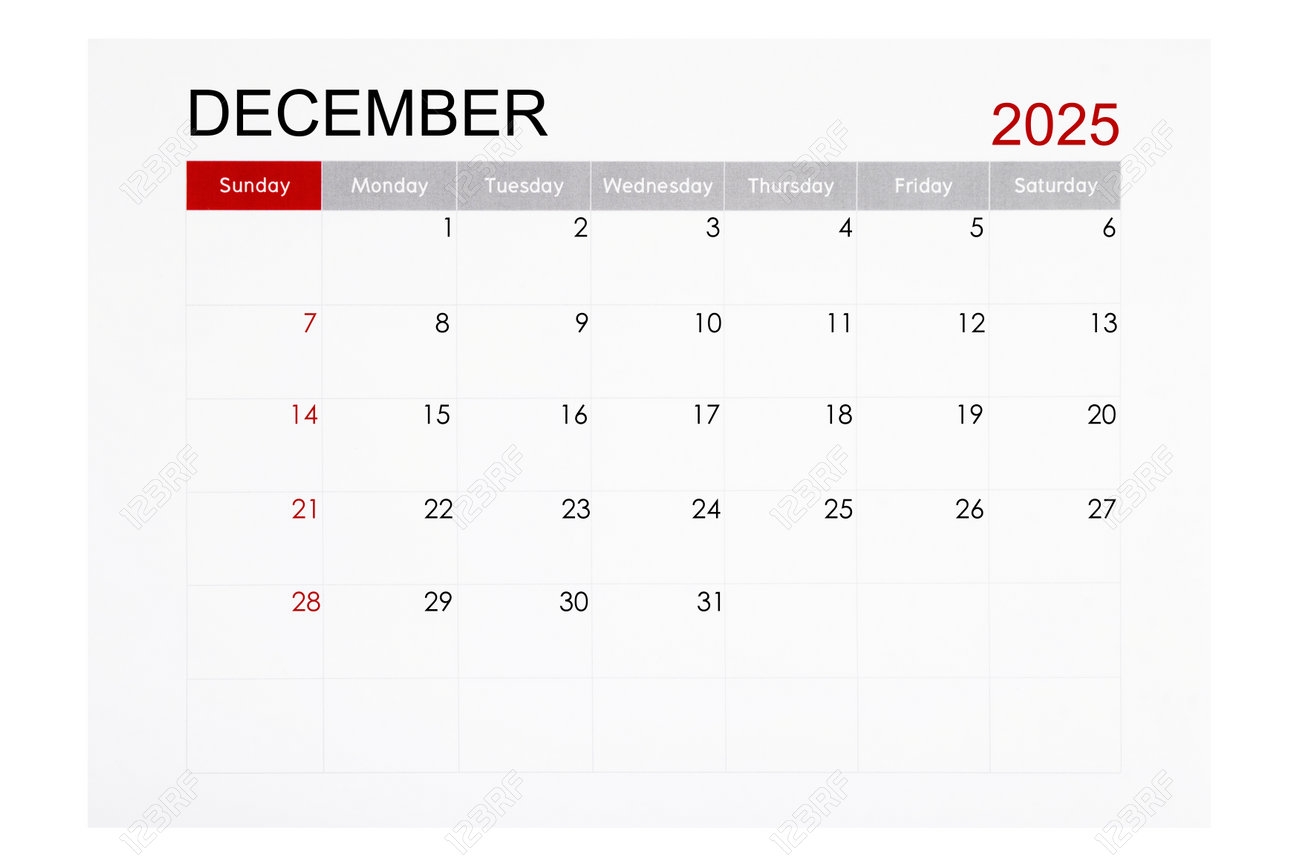 December 2025 Monthly Calendar Page Isolated On White Background Saved Clipping Path Stock Photo Picture And Royalty Free Image Image 236916808 