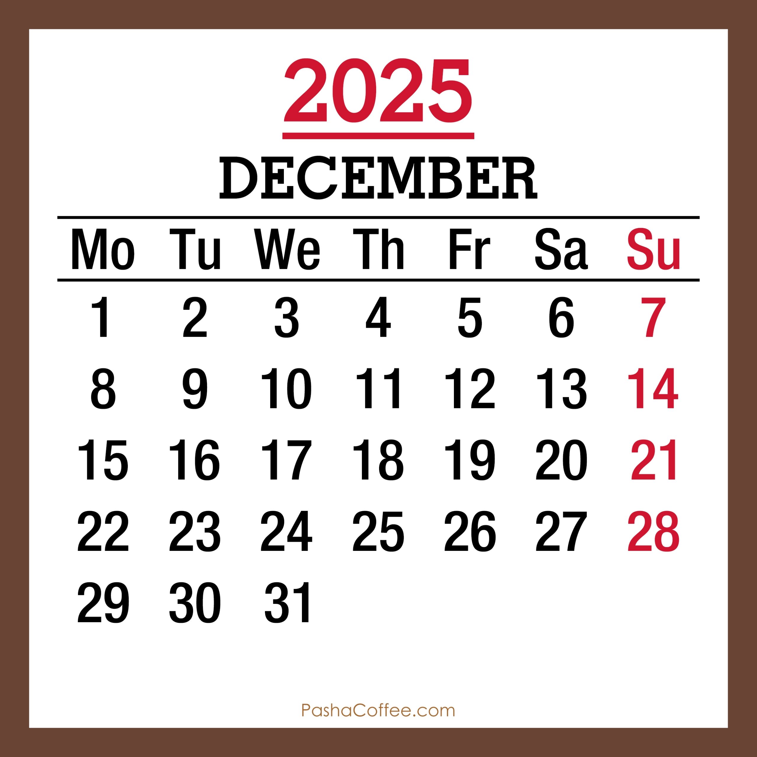 December 2025 Monthly Calendar Printable Free Brown Monday Start PashaCoffee