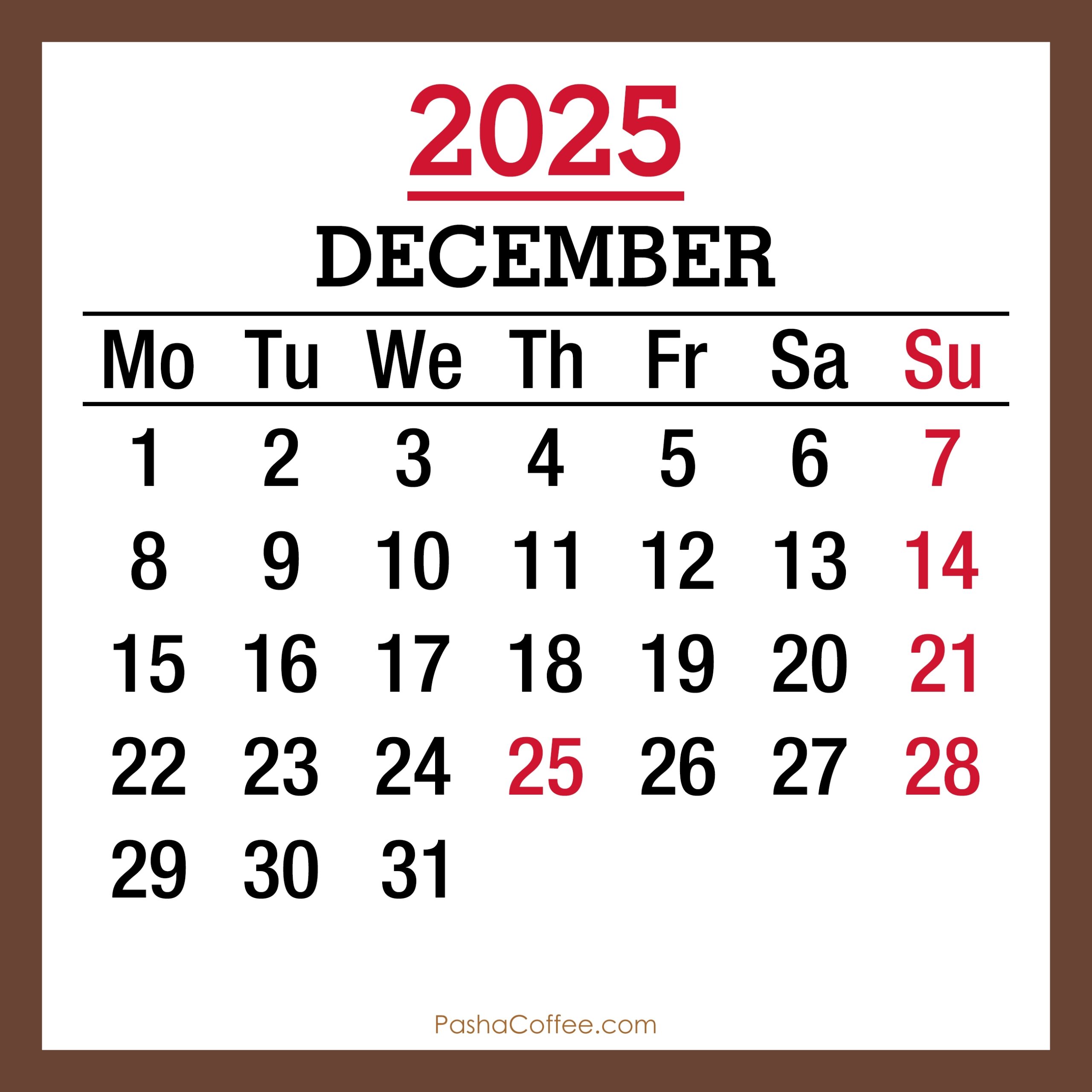 December 2025 Monthly Calendar With Holidays Printable Free Brown Monday Start PashaCoffee