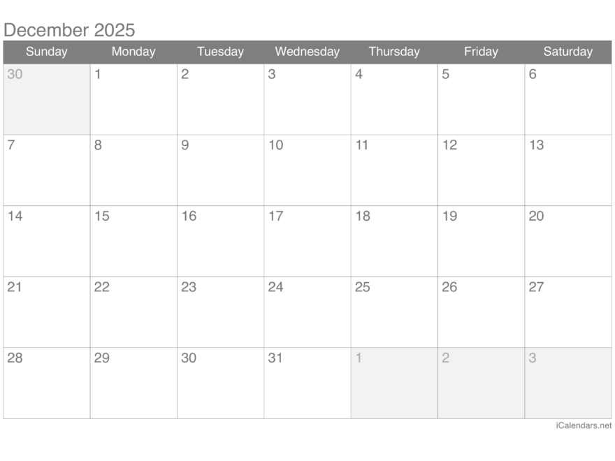 December 2025 Printable Calendar