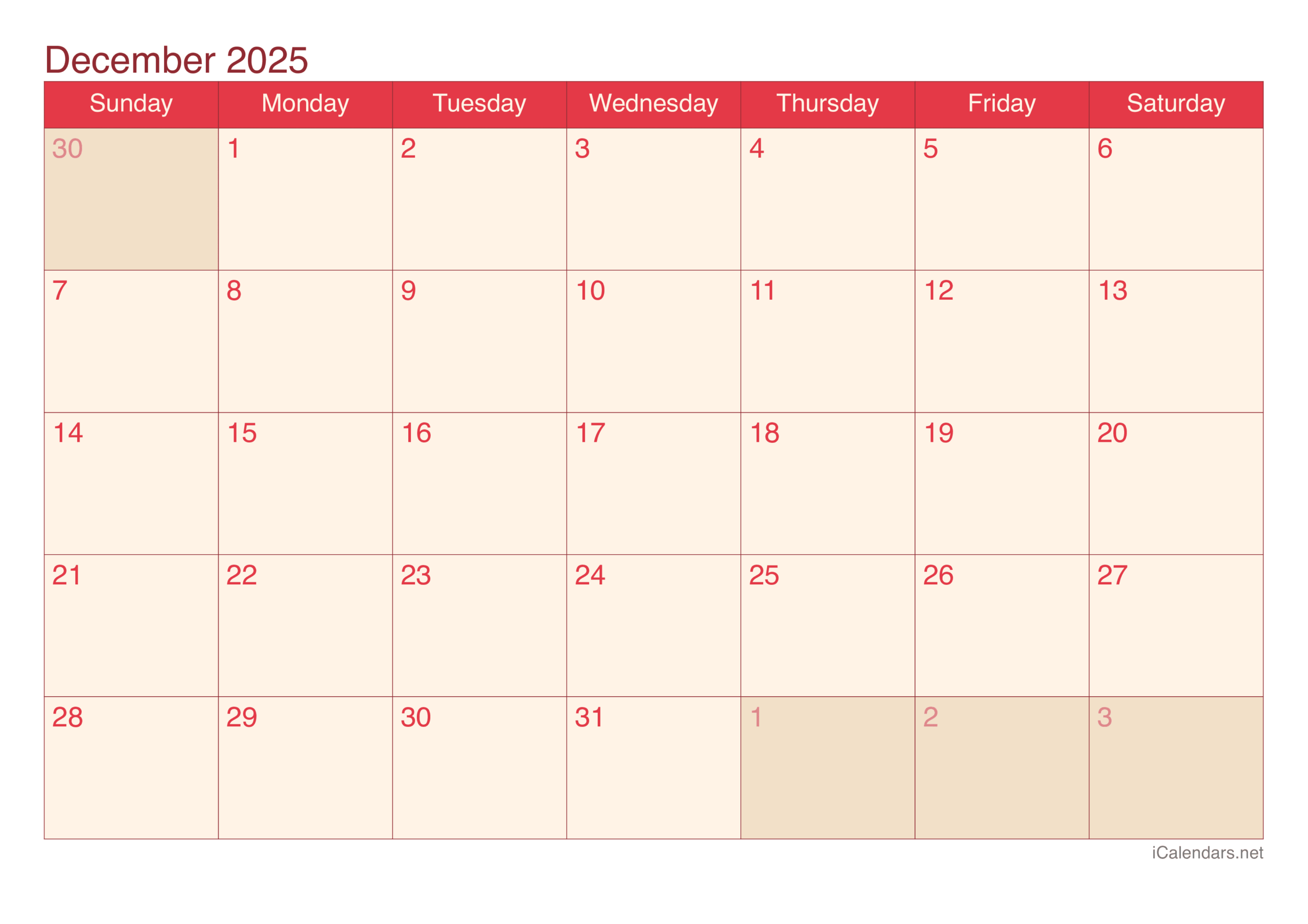 Printable Monthly Calendar December 2025