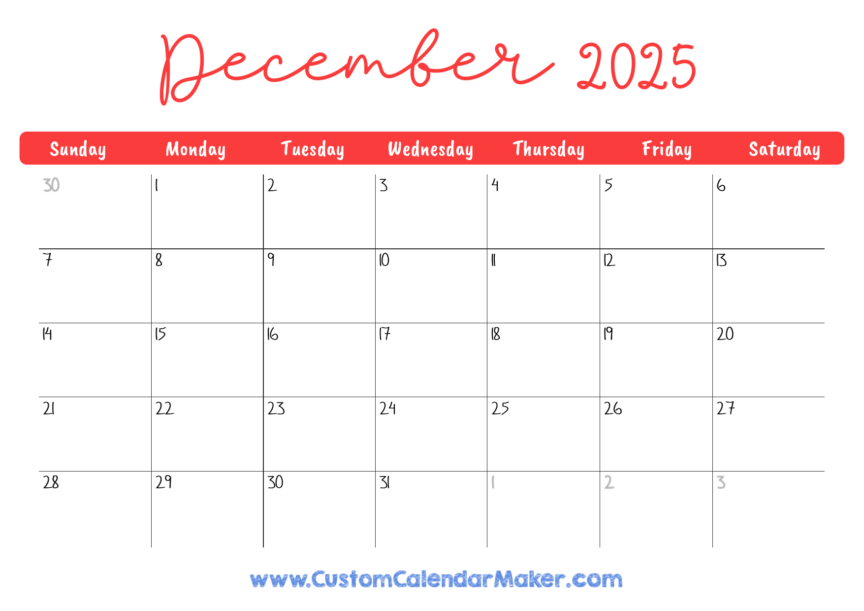 December 2025 Printable Calendar 23 Free Templates PDF Custom Calendar Maker