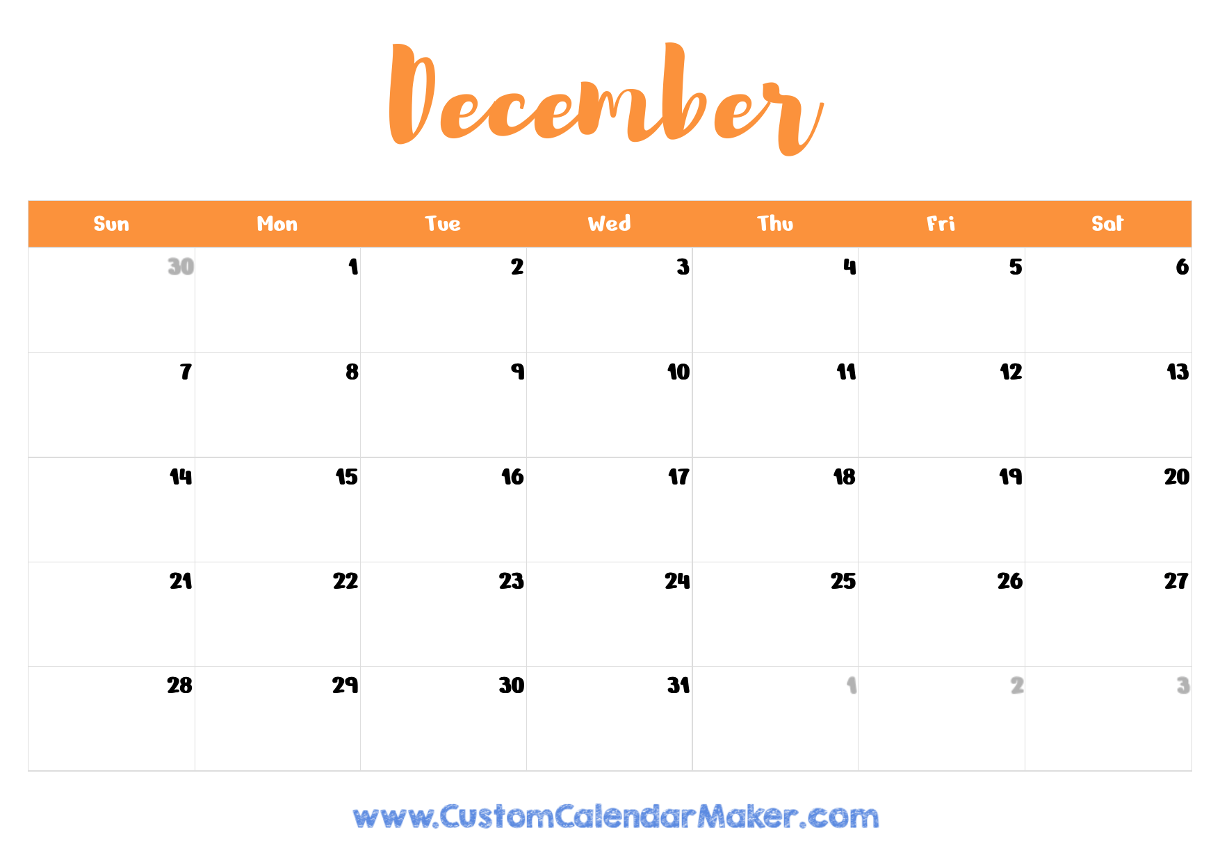 Cute December Calendar 2025