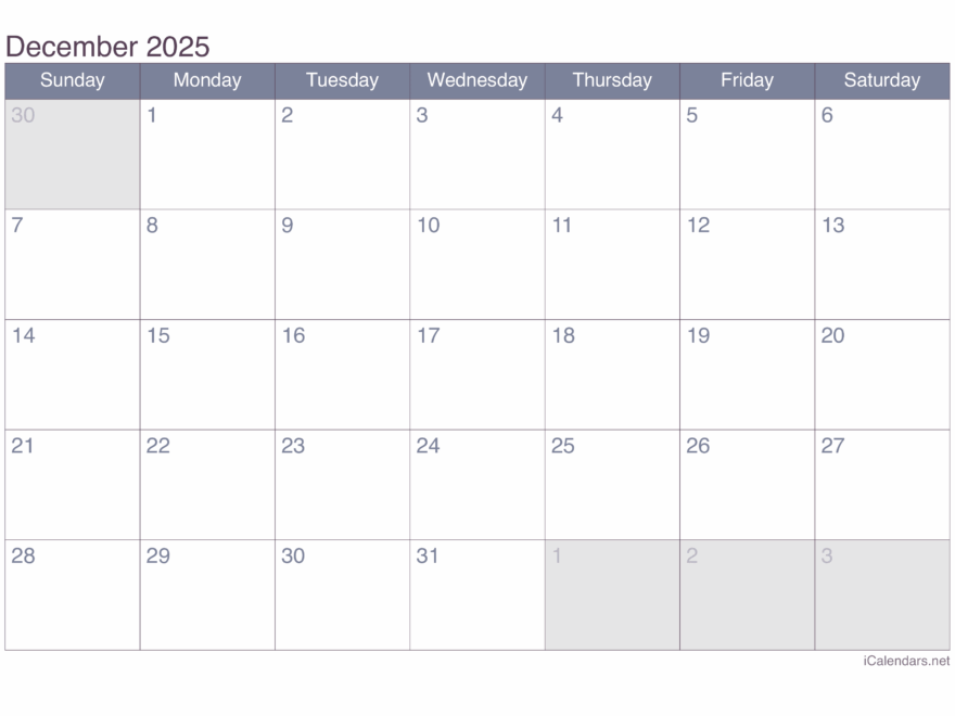 December 2025 Printable Calendar