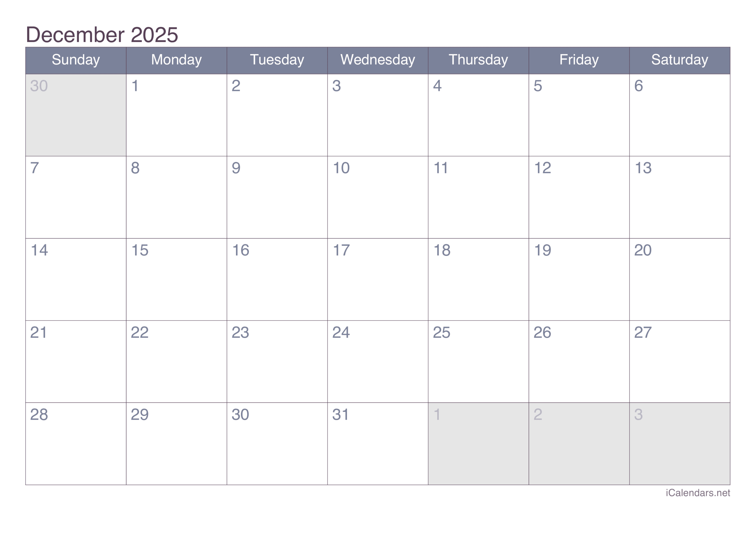 December 2025 Printable Calendar