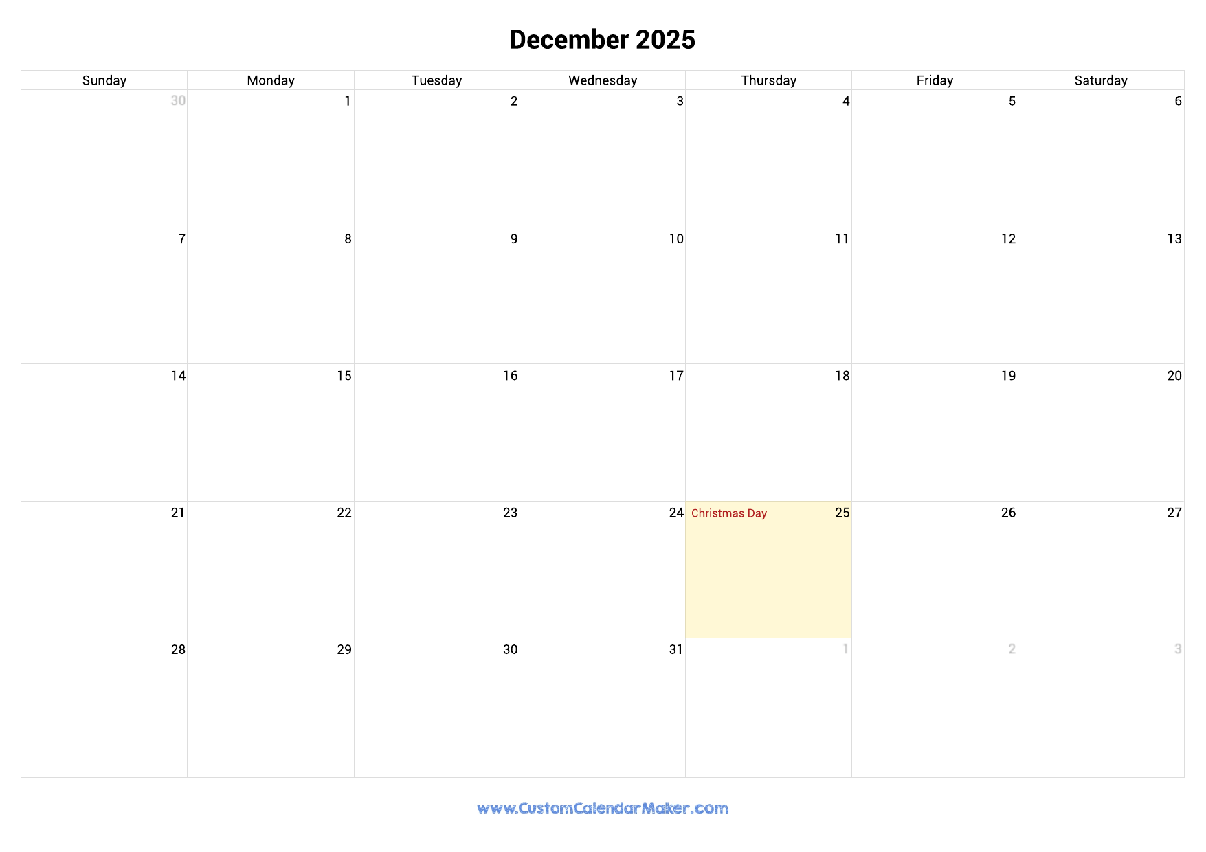 December 2025 Printable Calendar With US Federal Holidays Custom Calendar Maker