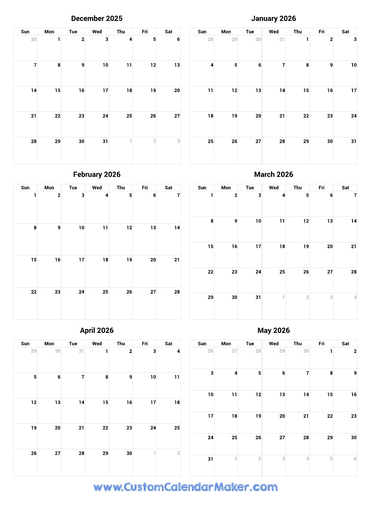 December 2025 To May 2026 Printable Calendar Custom Calendar Maker