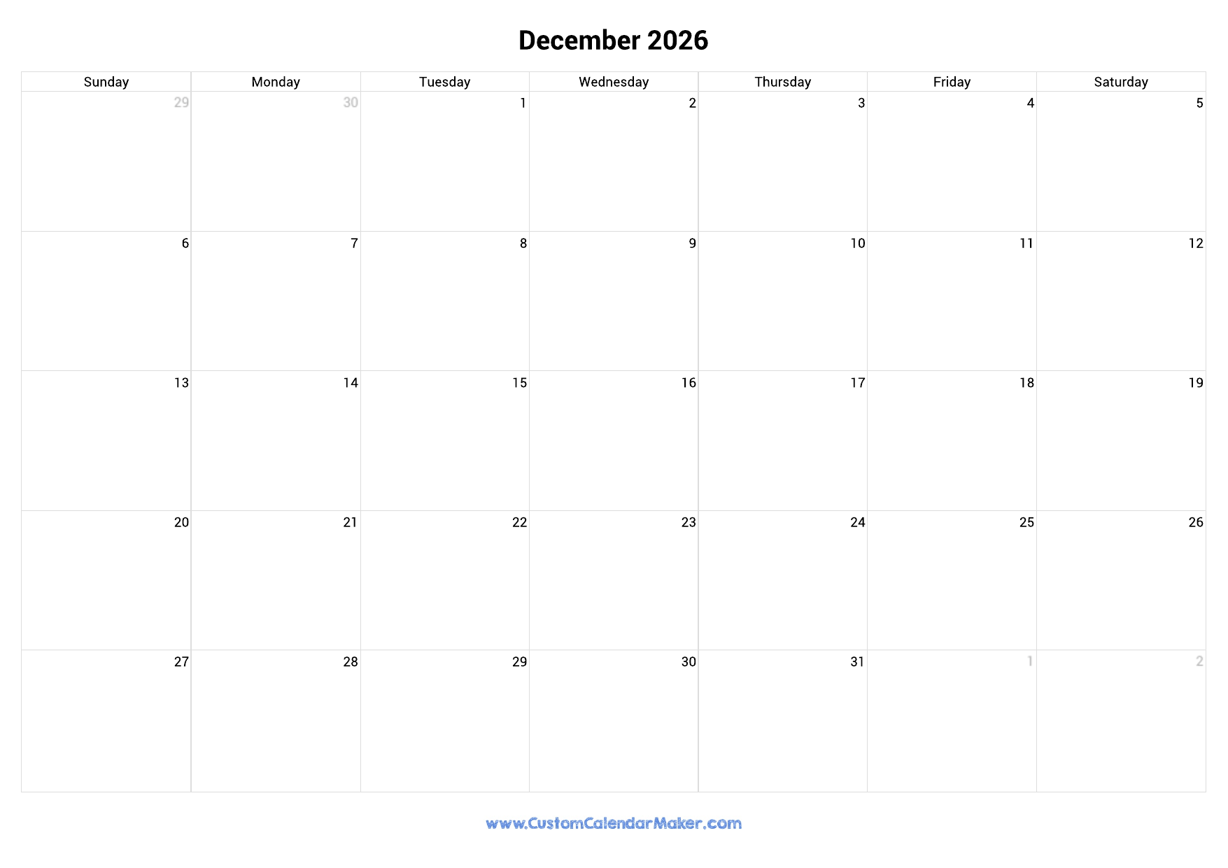 Printable Calendar 2026 Large Boxes