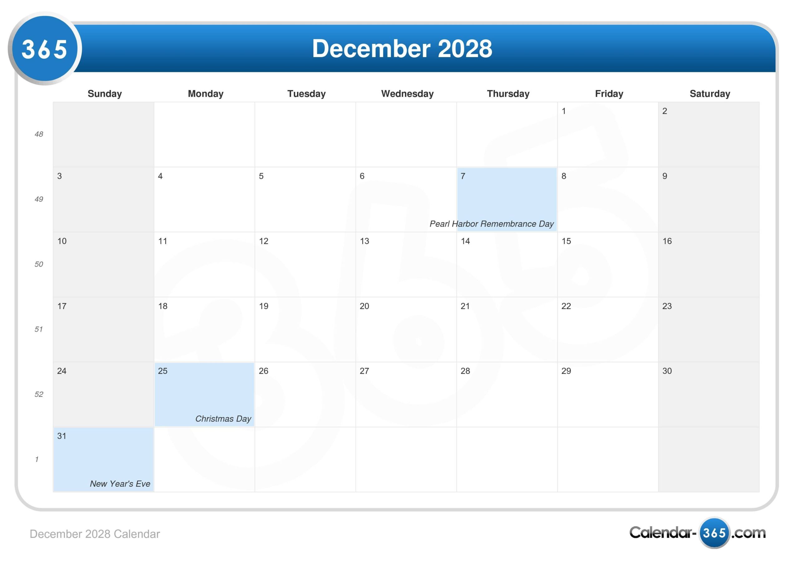 December 2028 Calendar Boxing Day