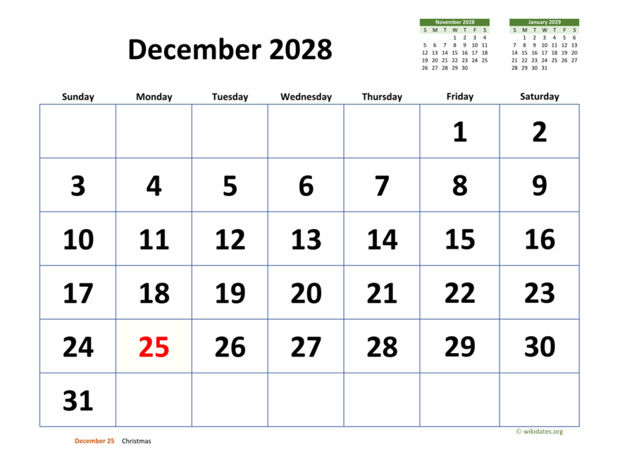 December 2028 Calendar With Extra large Dates WikiDates