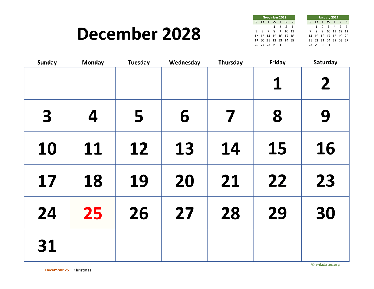 December 2028 Calendar With Extra large Dates WikiDates