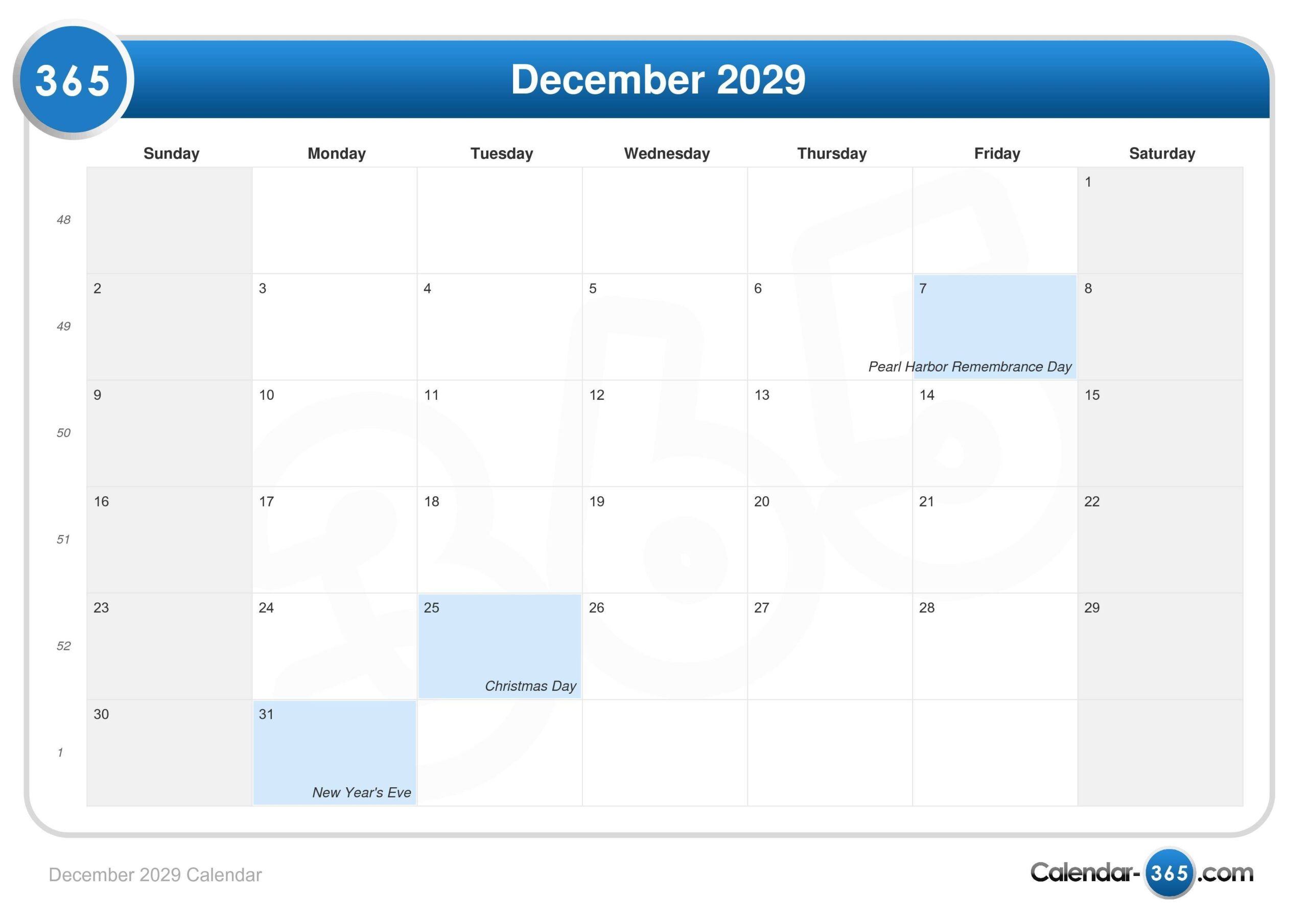 December 2029 Calendar
