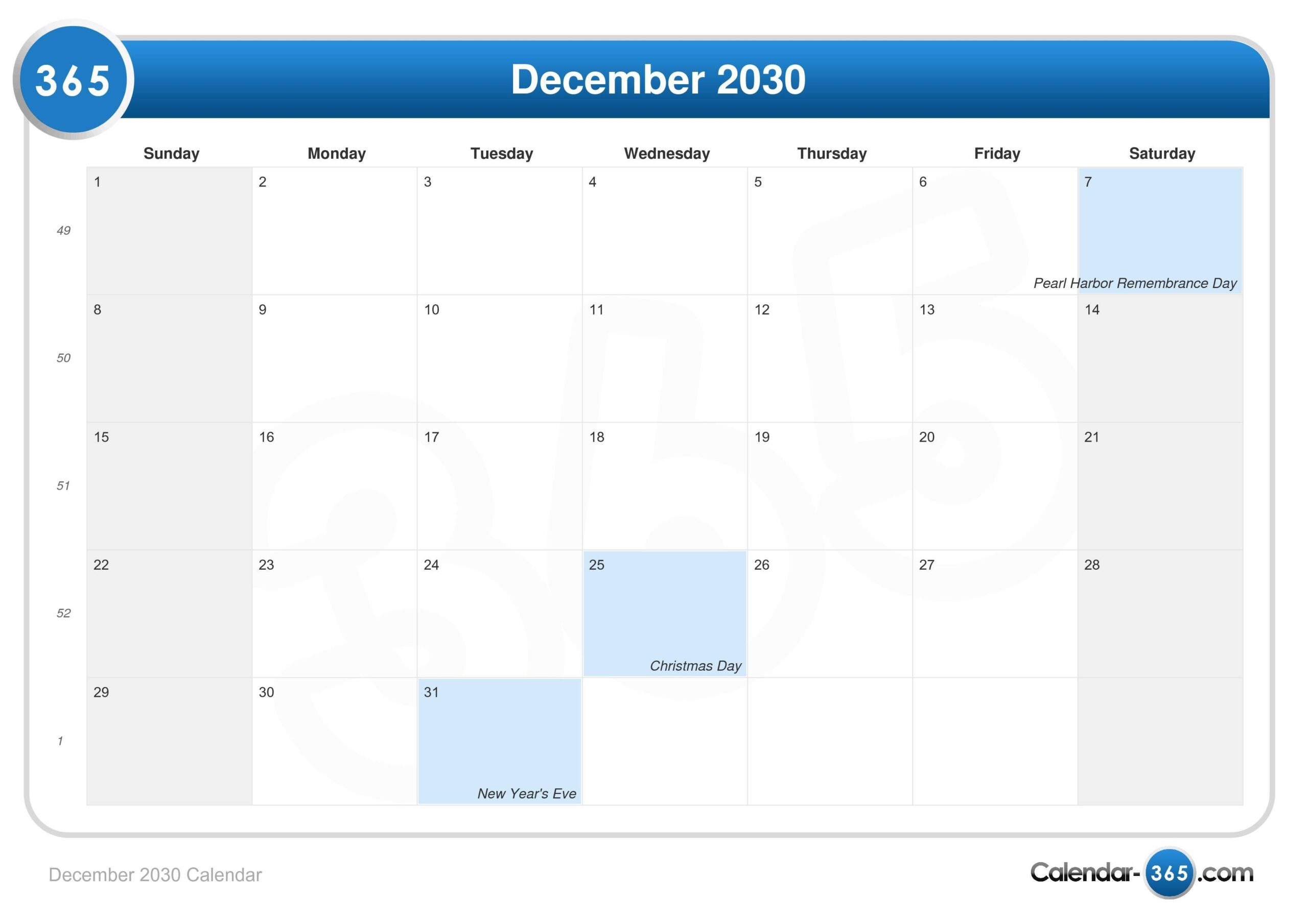December 2030 Calendar
