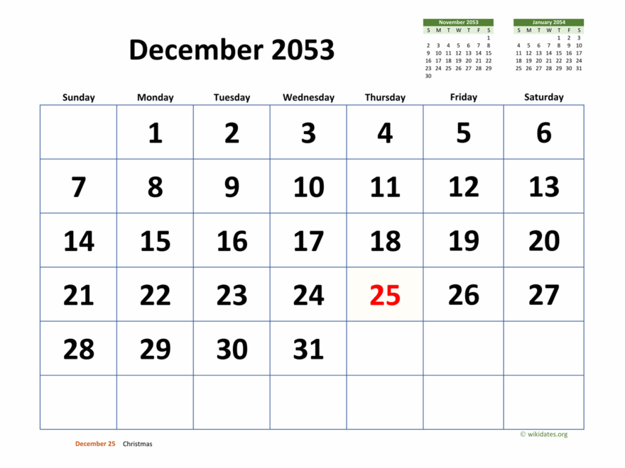 December 2053 Calendar With Extra large Dates WikiDates