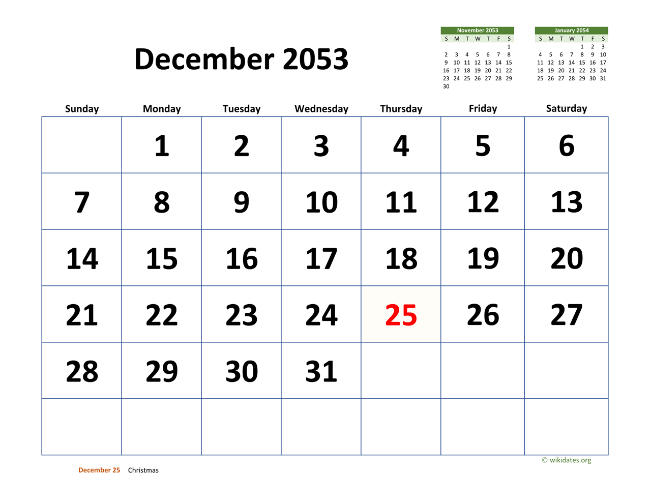 December 2053 Calendar With Extra large Dates WikiDates