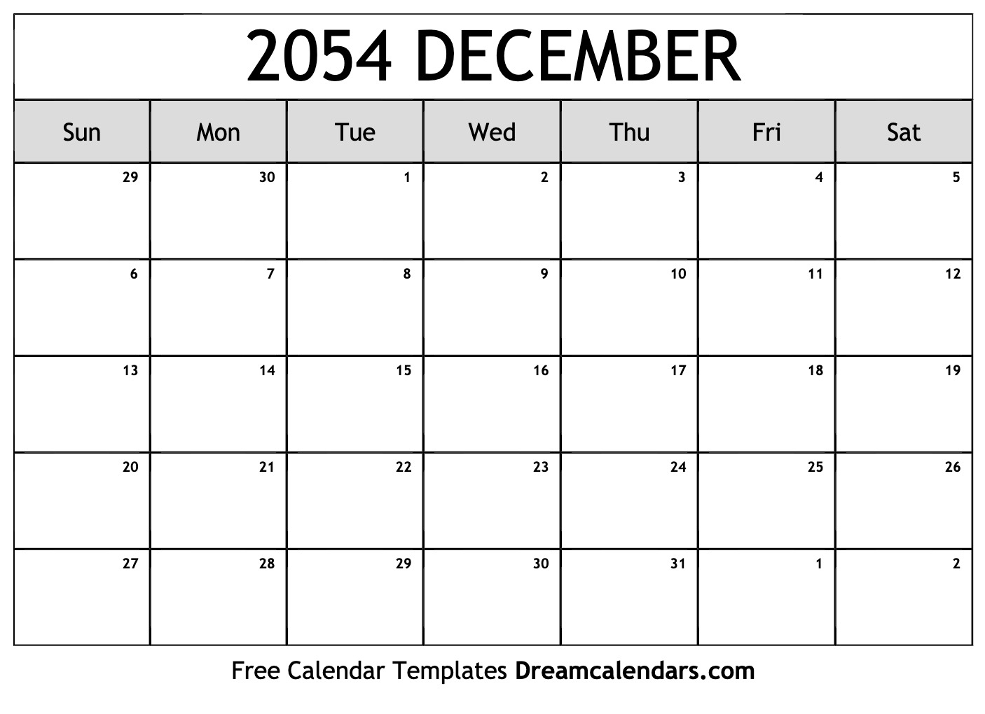 December 2054 Calendar Boxing Day