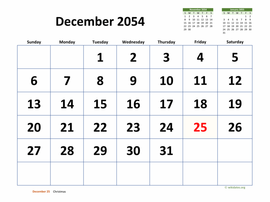 December 2054 Calendar With Extra large Dates WikiDates