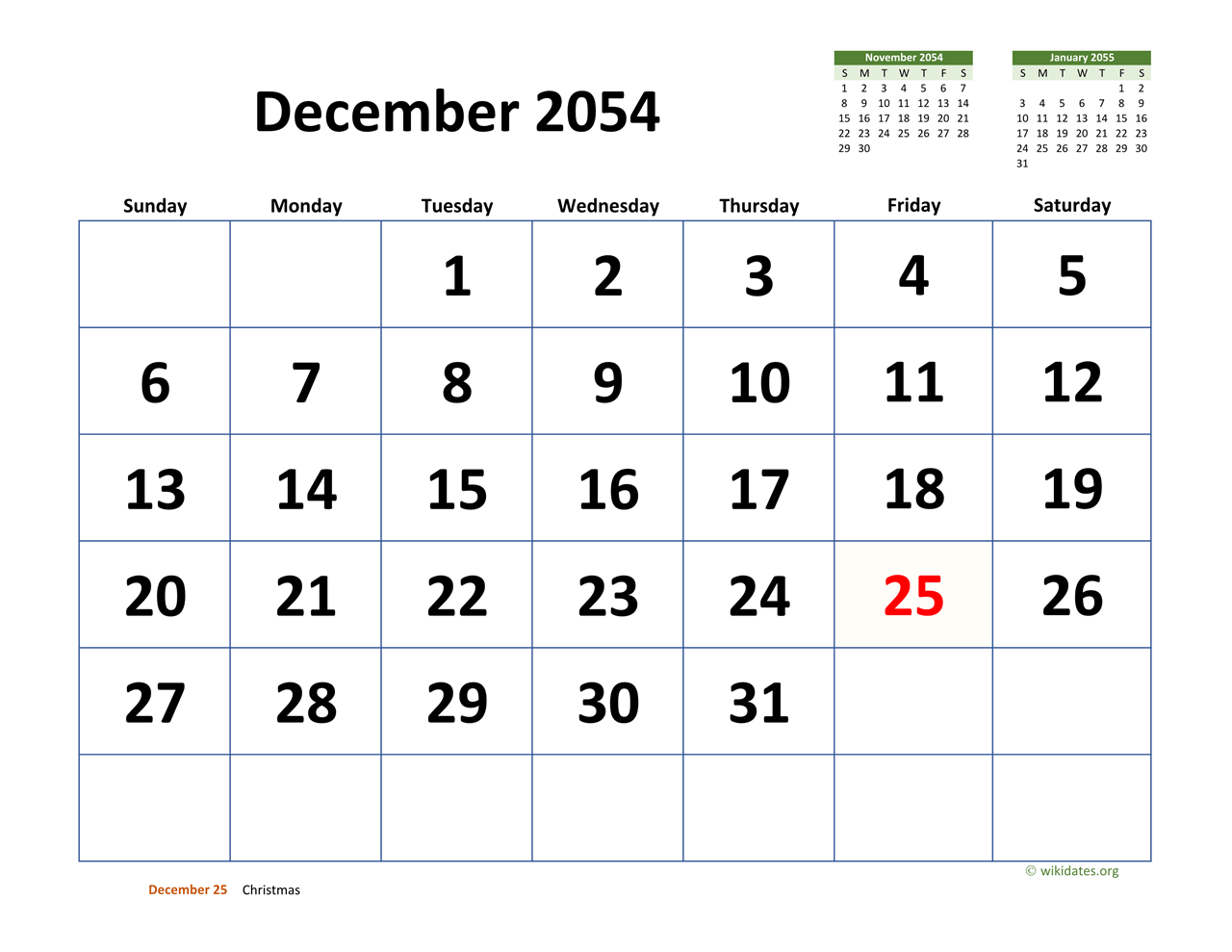 December 2054 Calendar With Extra large Dates WikiDates