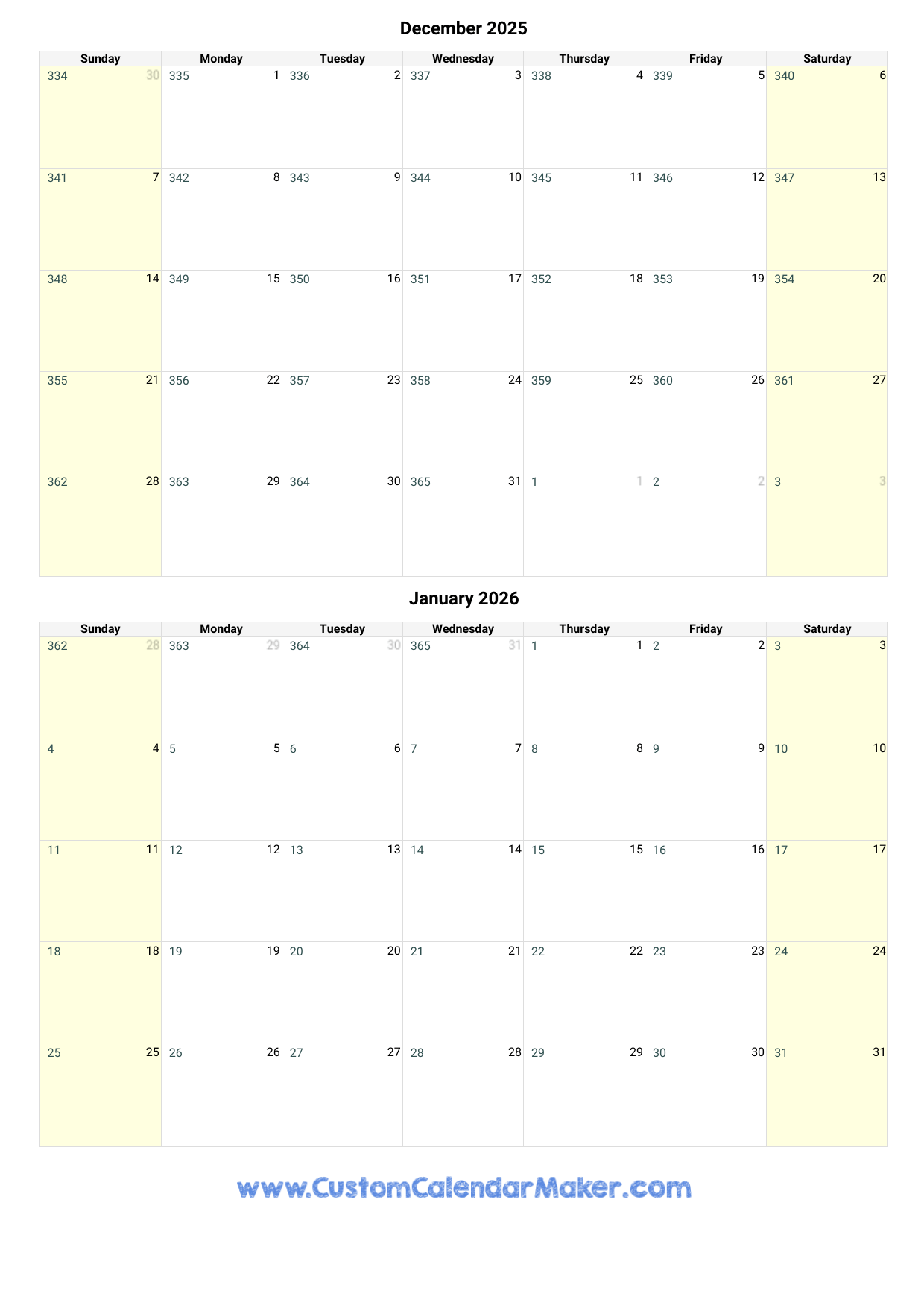 December January 2025 Calendar