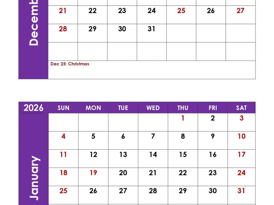 December And January 2026 Calendar Printable PDF Two Months Calendar