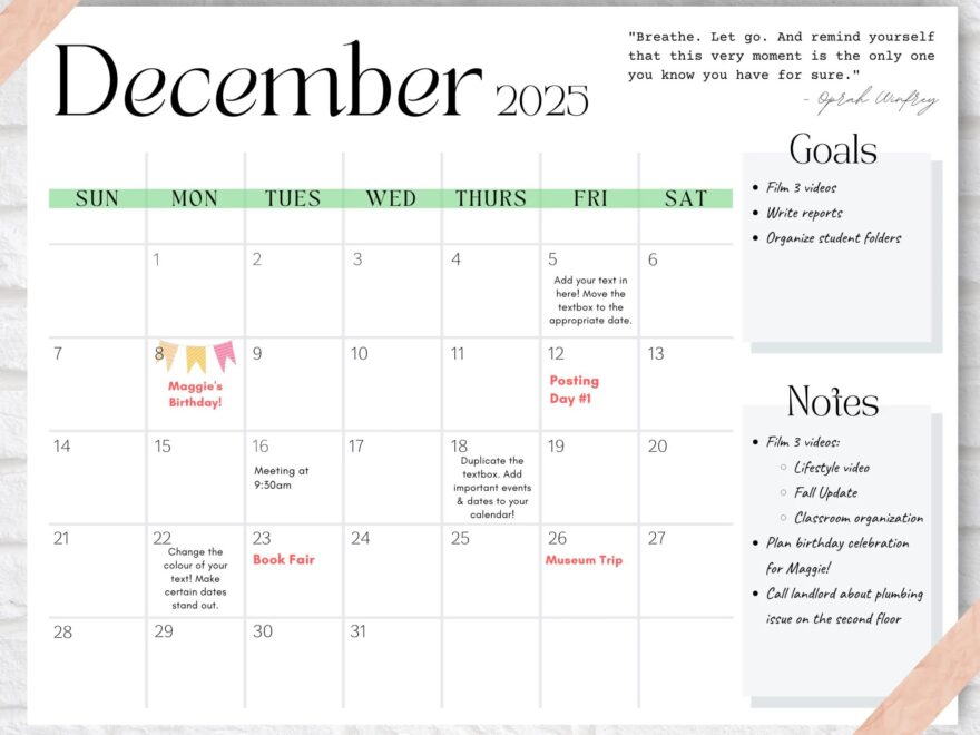 December Calendar 2025 December 2025 Printable Calendar EDITABLE December Calendar Calendar With Notes Section Minimalist White Calendar Etsy