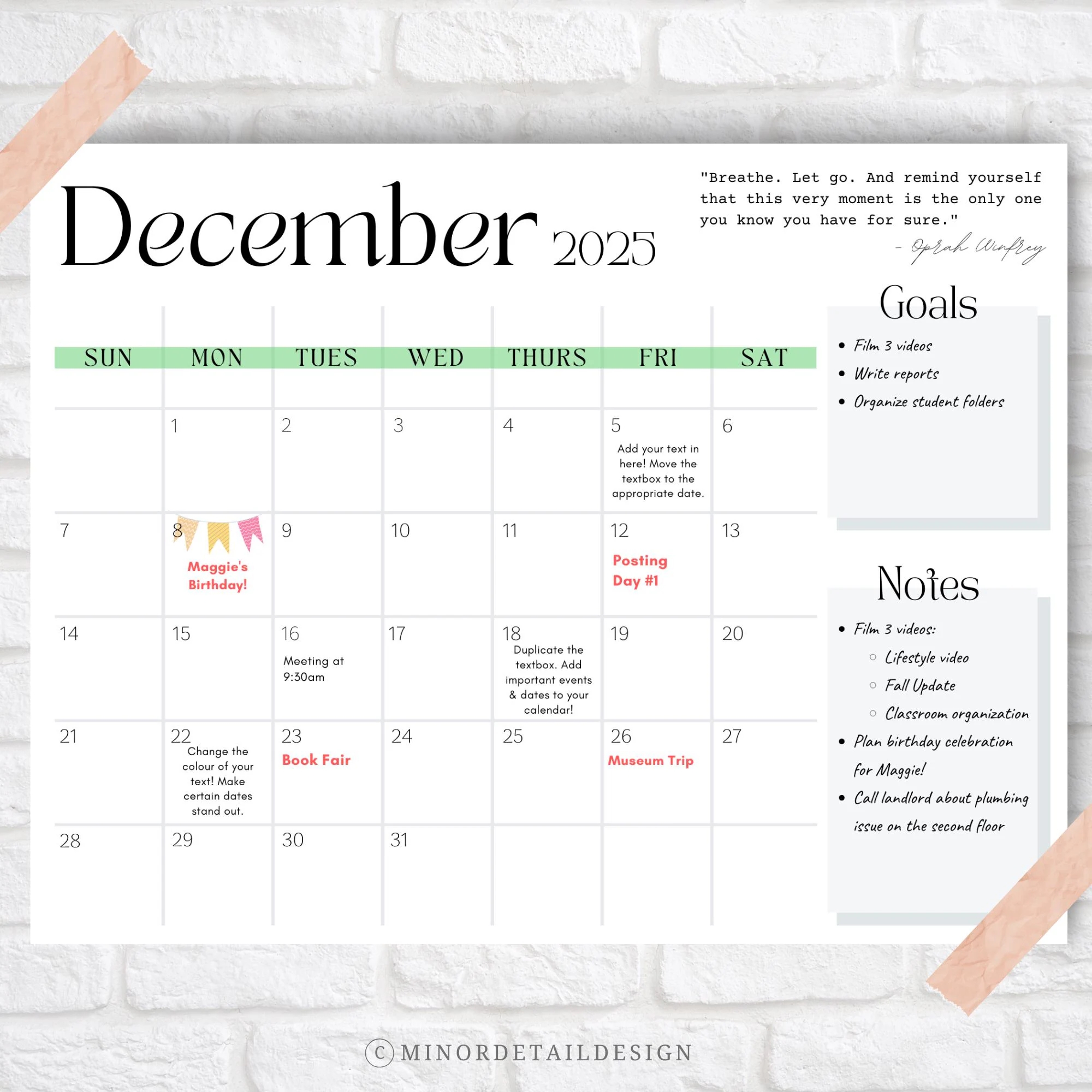 December Calendar 2025 December 2025 Printable Calendar EDITABLE December Calendar Calendar With Notes Section Minimalist White Calendar Etsy