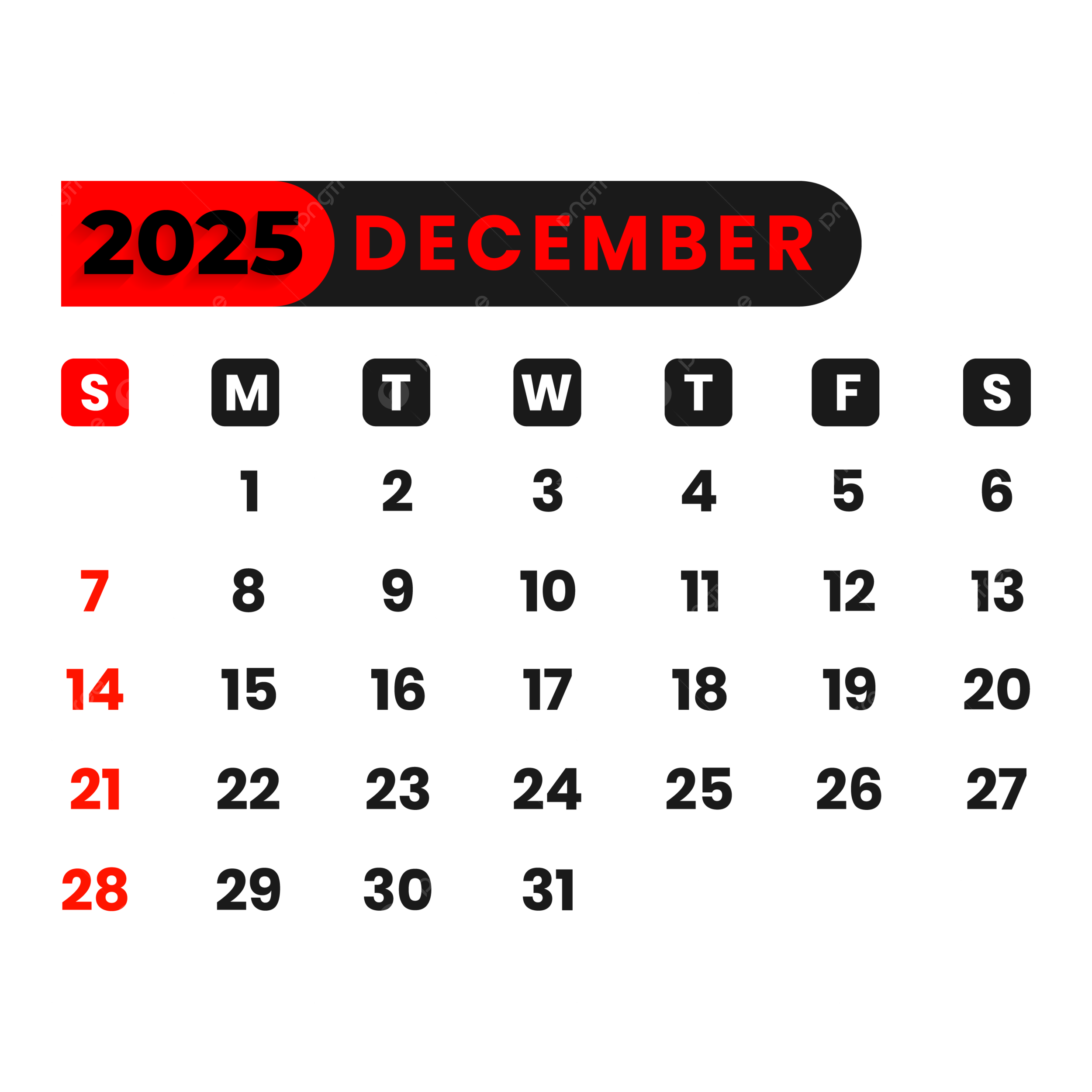 December Calendar 2025 Vector December Calendar 2025 Calendar PNG And Vector With Transparent Background For Free Download