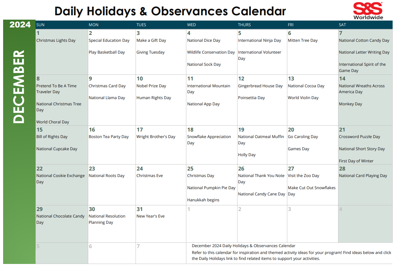 December Daily Holidays Observances Printable Calendar S S Blog