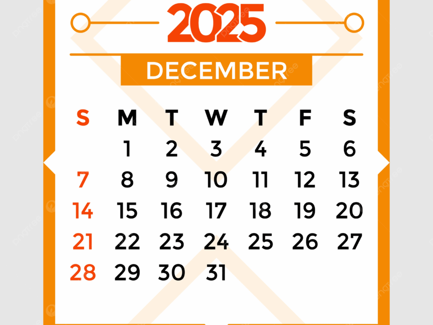 December Month 2025 Calendar Orange Vector Template Download On Pngtree
