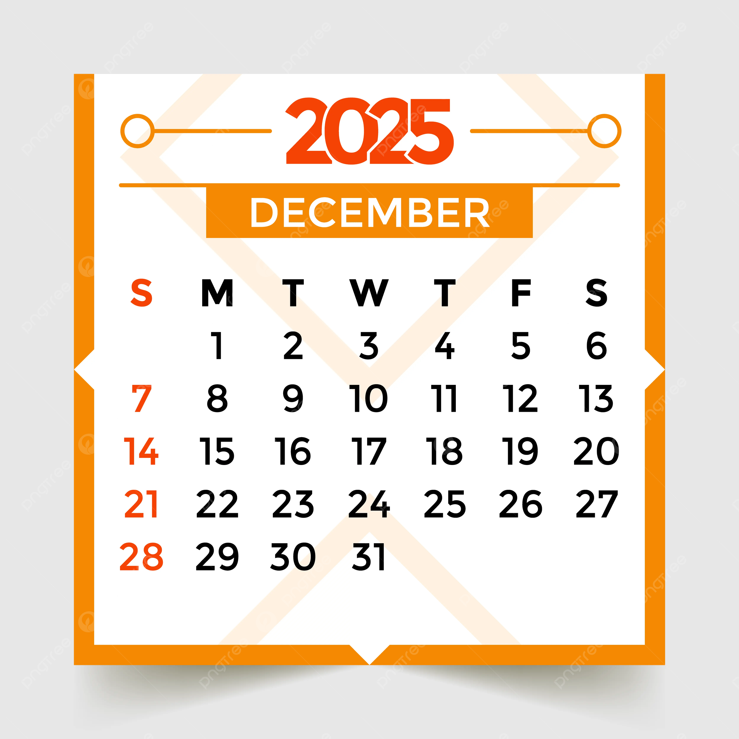 December Month 2025 Calendar Orange Vector Template Download On Pngtree
