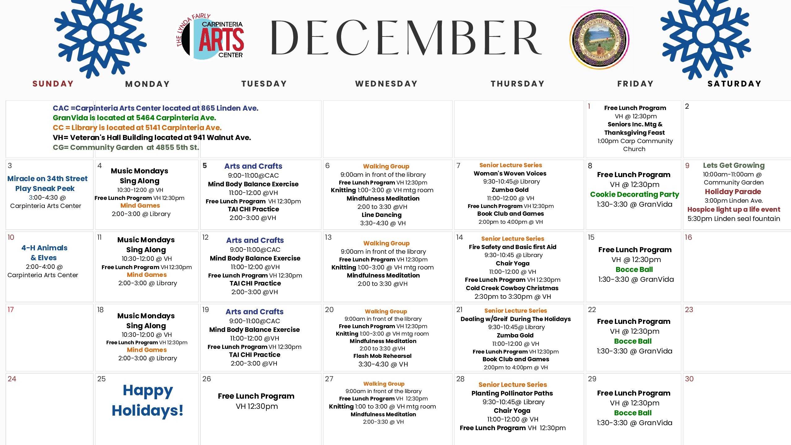 December Senior Activities Calendar Now Released City Of Carpinteria