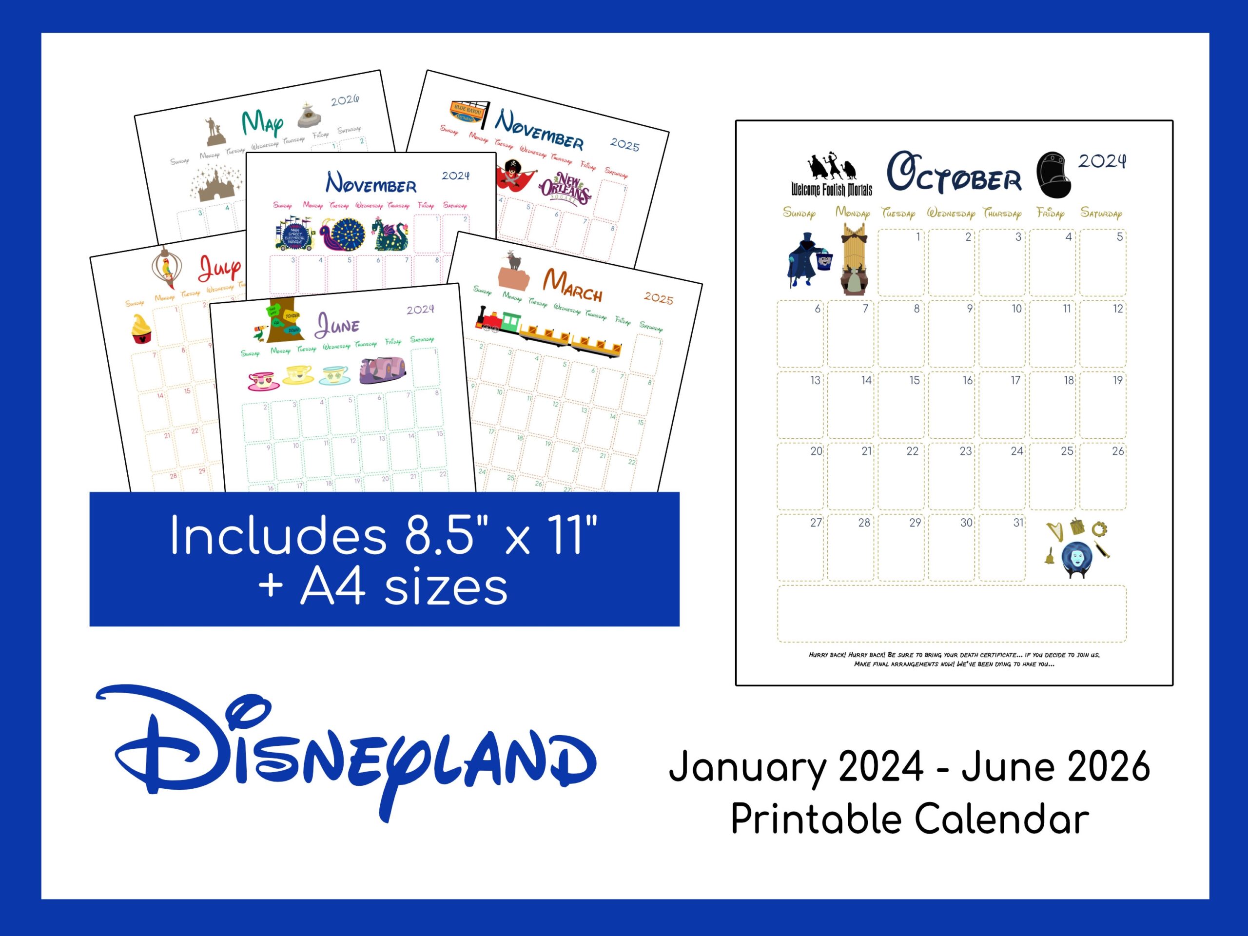 Disneyland Printable Calendar January 2024 June 2026 Instant Download PDF File A4 And 8 5 x11 Sizes Etsy