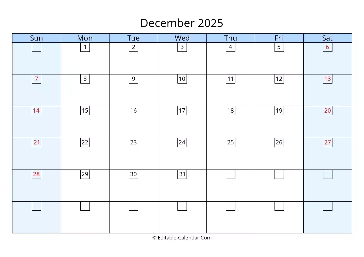 Download Editable 2025 Calendar December Weeks Start On Sunday