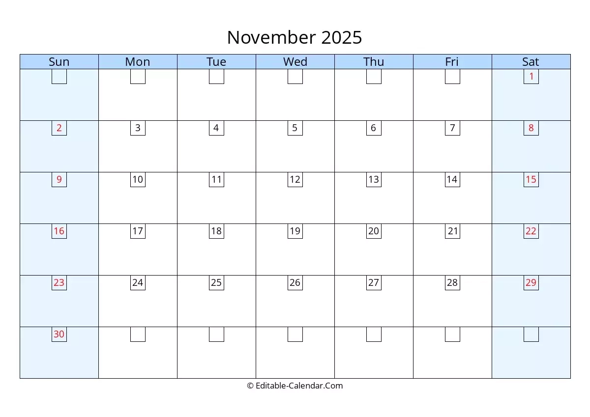Download Large Font November 2025 Calendar Editable Weeks Start On Sunday