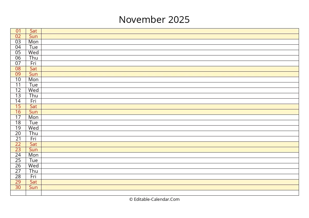 Download November 2025 Calendar With Notes Weeks Start On Sunday