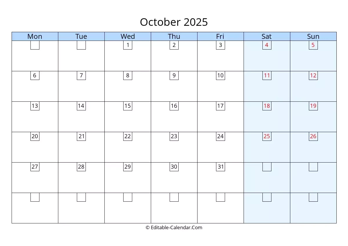 Download October 2025 Printable Calendar With Previous And Next Month Monday Start