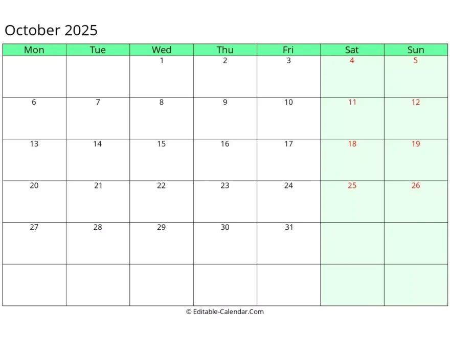 Download October 2025 Printable Calendar With Previous And Next Month Monday Start