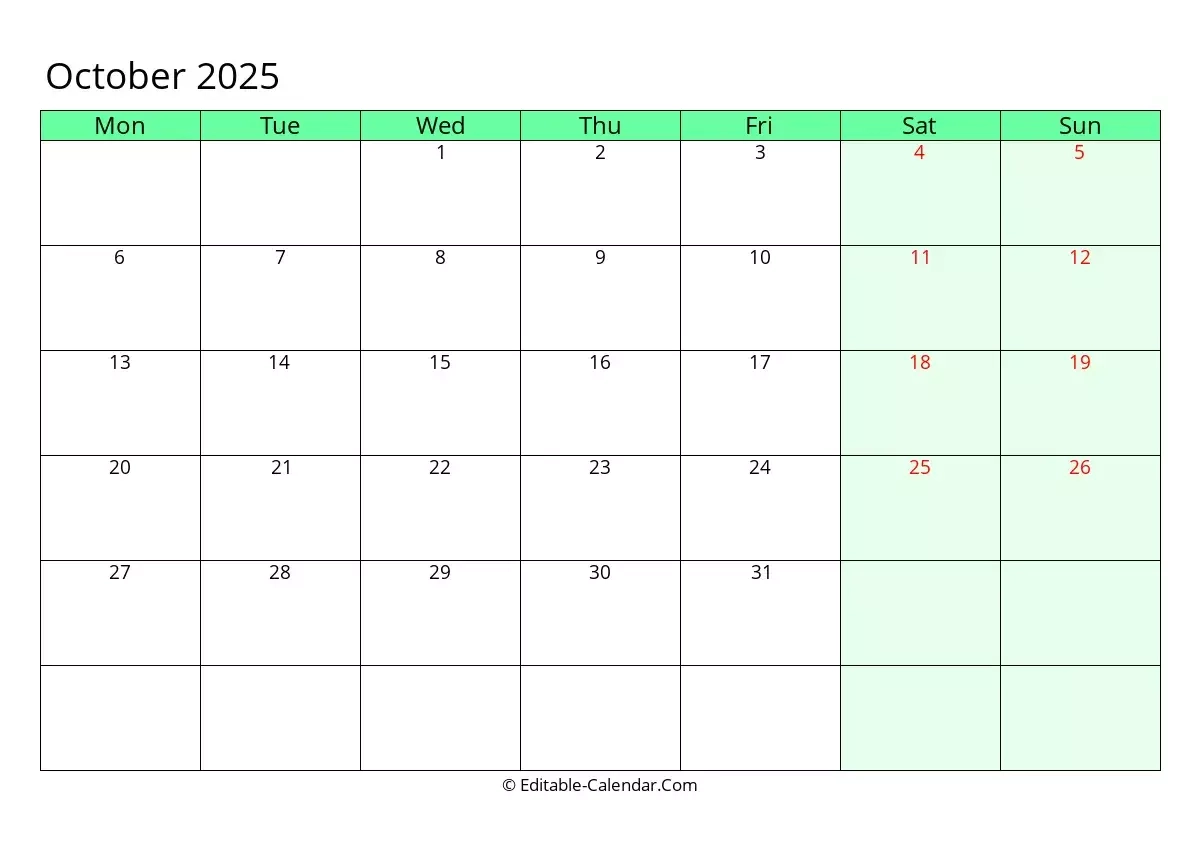 Download October 2025 Printable Calendar With Previous And Next Month Monday Start