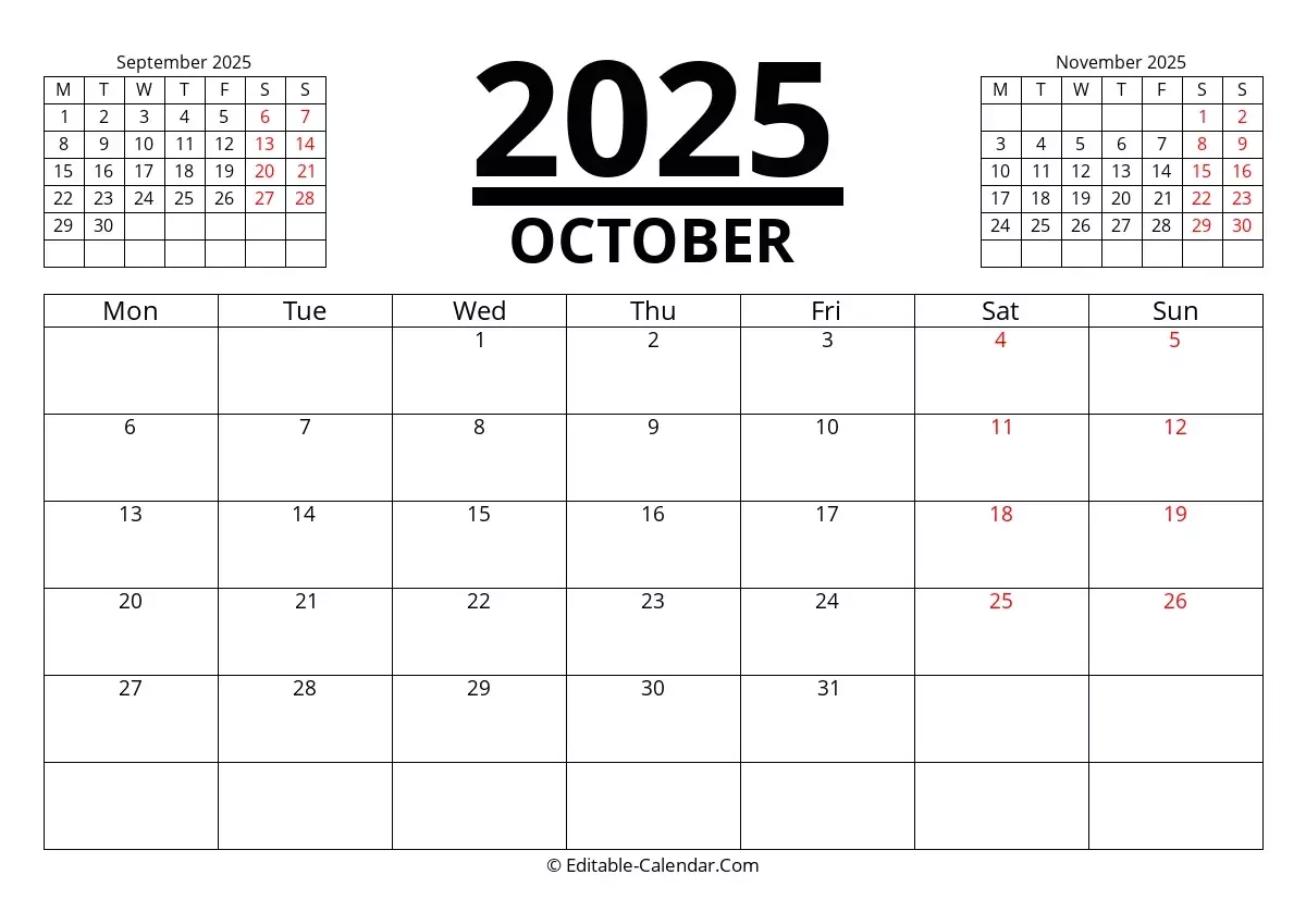 Download October 2025 Printable Calendar With Previous And Next Month Monday Start